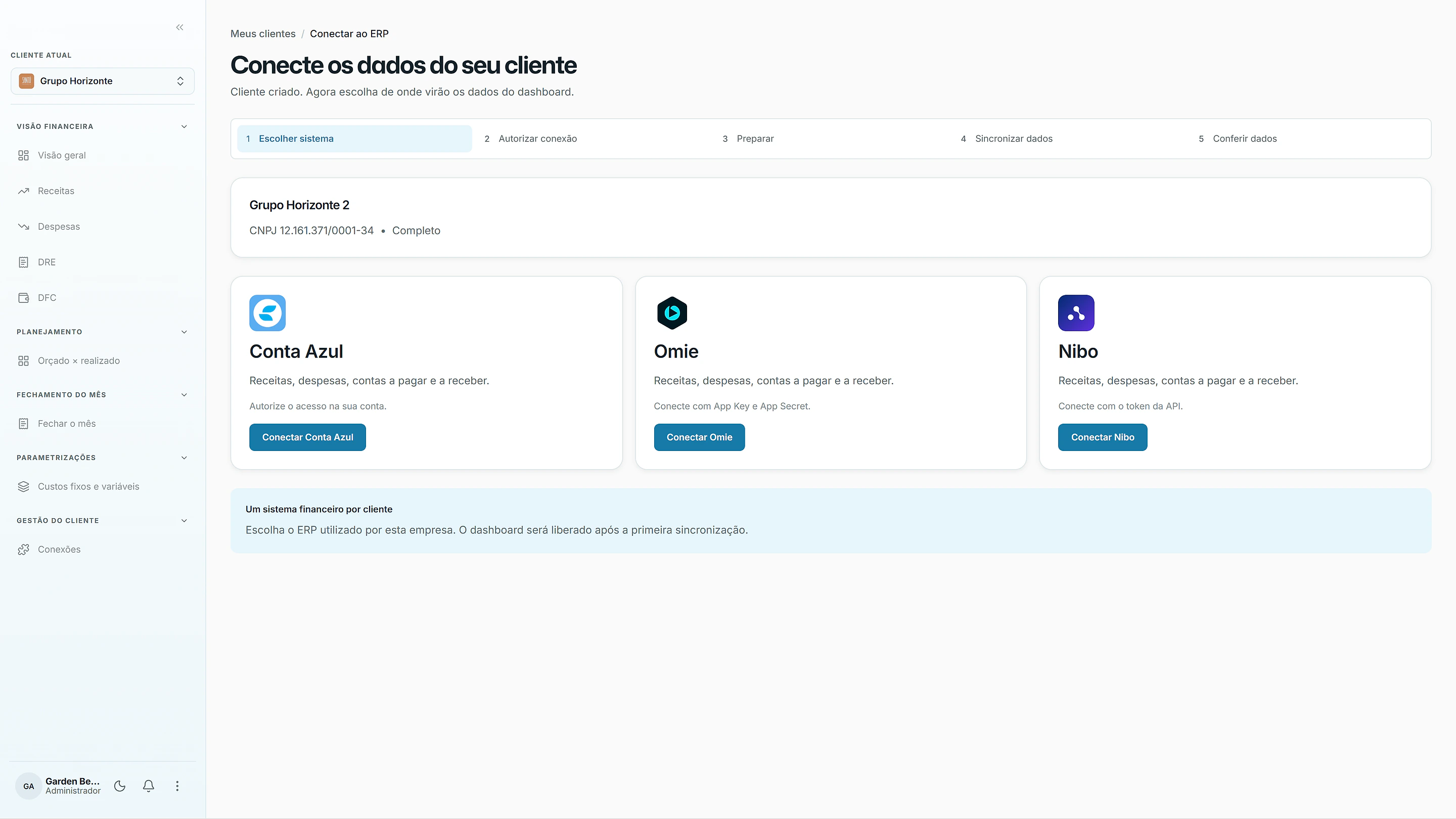 Tela de conexões para ligar o ERP financeiro do cliente