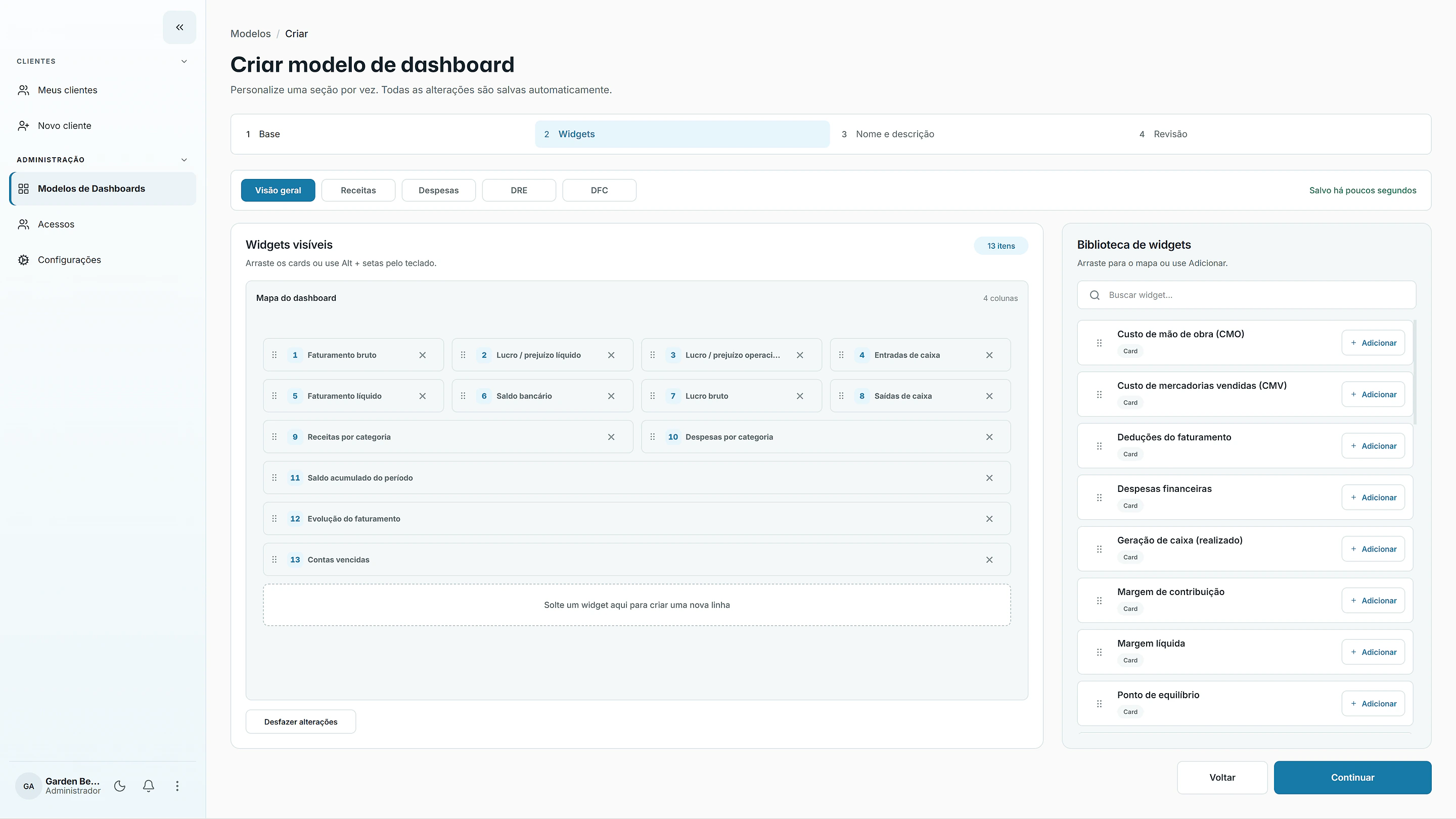 Tela de personalização do dashboard com biblioteca e organização de widgets